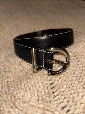 Coach Black Leather Belt Silver D-Ring Buckle White Stitch Medium